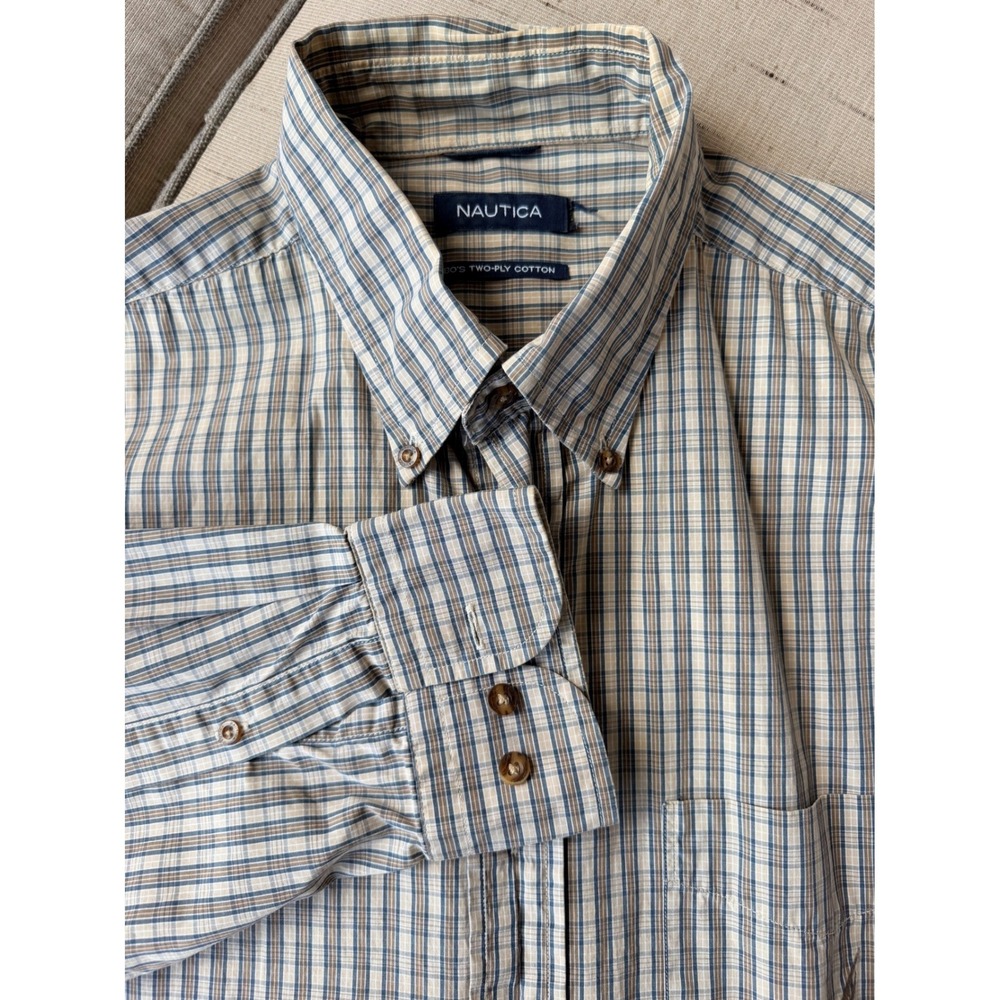 Nautica Button Down Shirt Plaid Two-Ply Cotton Long Sleeve Mens Large Tan Blue